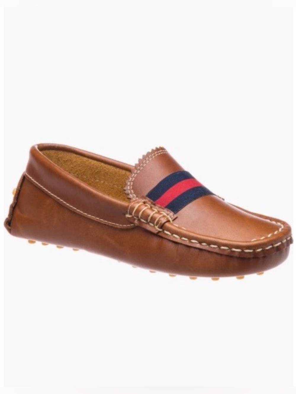 Kids Brown Leather Slip-On Loafers with Navy & Red Stripe Size 11